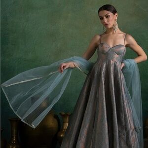 Dusty Aqua Blue Embroidered Brocade Anarkali